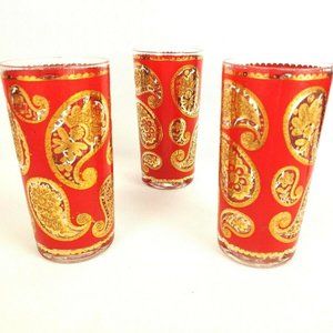 Vintage Culver 22KT Gold and Red Paisley 3 Piece 6" Glass Tumbler Drinkware Set